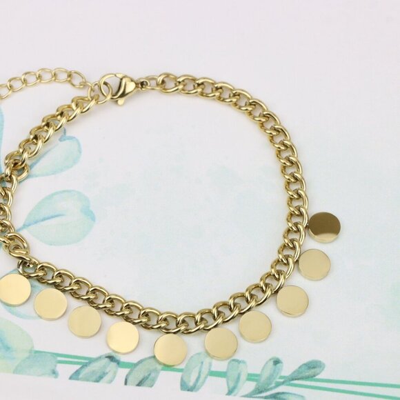 Chic Yellow Gold Bracelet with Round Disc Charms and Adjustable, XPBL0714 - Picture 3 of 12